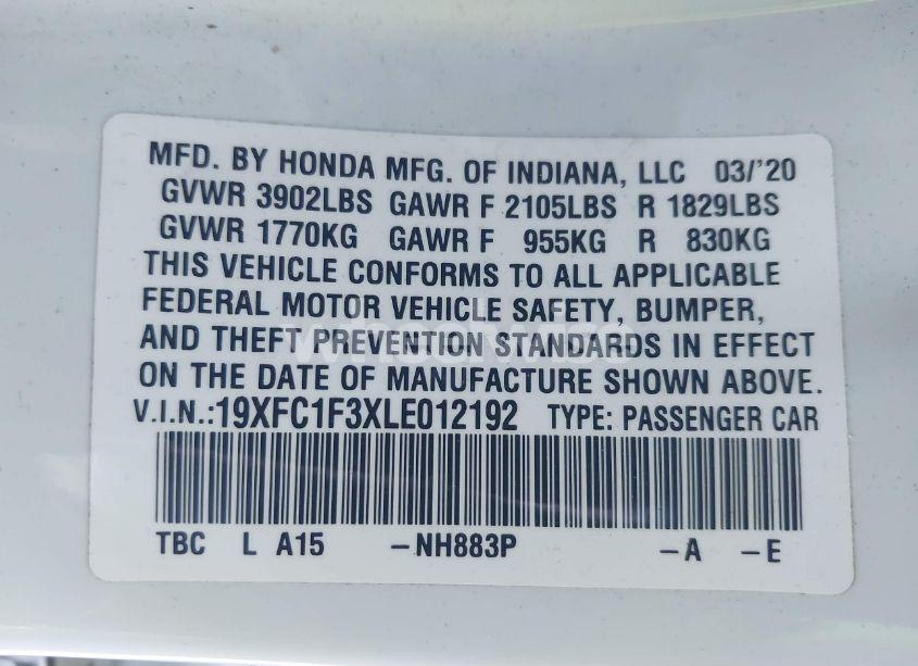 Photo 9 of 2020 Honda Civic EX (VIN 19XFC1F3XLE012192)