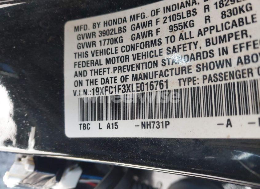 Photo 9 of 2020 Honda Civic EX (VIN 19XFC1F3XLE016761)