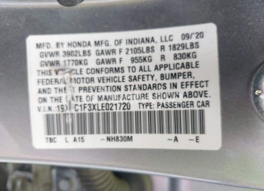 Photo 9 of 2020 Honda Civic EX (VIN 19XFC1F3XLE021720)