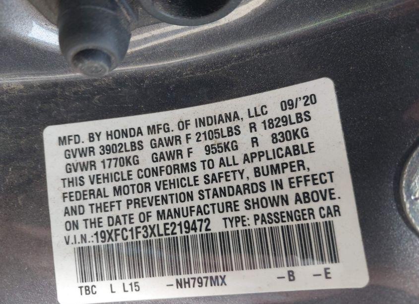 Photo 9 of 2020 Honda Civic EX (VIN 19XFC1F3XLE219472)