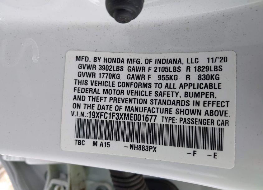 Photo 9 of 2021 Honda Civic EX (VIN 19XFC1F3XME001677)