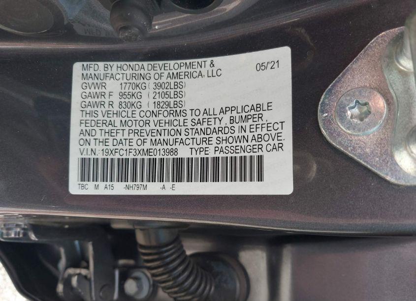 Photo 9 of 2021 Honda Civic EX (VIN 19XFC1F3XME013988)