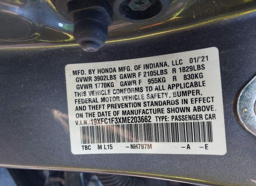 Photo 9 of 2021 Honda Civic EX (VIN 19XFC1F3XME203662)