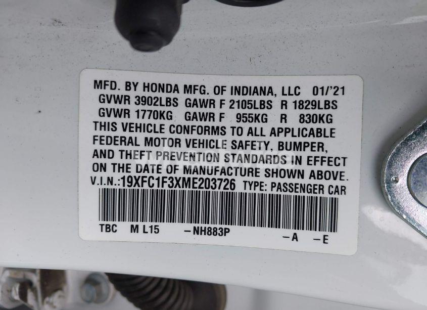 Photo 9 of 2021 Honda Civic EX (VIN 19XFC1F3XME203726)