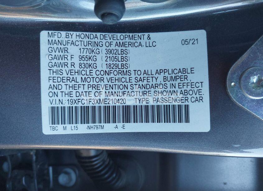 Photo 9 of 2021 Honda Civic EX (VIN 19XFC1F3XME210420)
