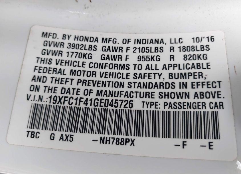 Photo 9 of 2016 Honda Civic EX-T (VIN 19XFC1F41GE045726)