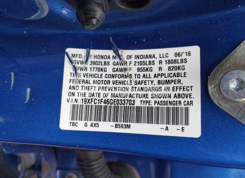 Photo 9 of 2016 Honda Civic EX-T (VIN 19XFC1F46GE033703)