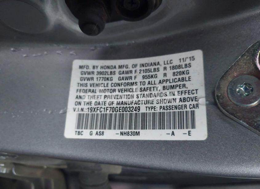 Photo 9 of 2016 Honda Civic EX-L (VIN 19XFC1F70GE003249)