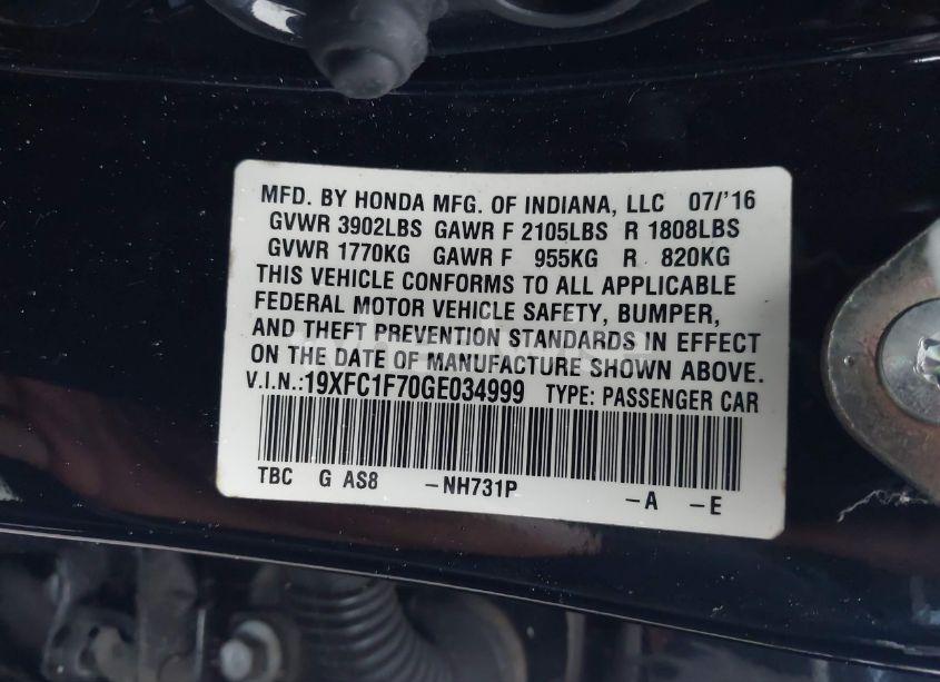 Photo 9 of 2016 Honda Civic EX-L (VIN 19XFC1F70GE034999)