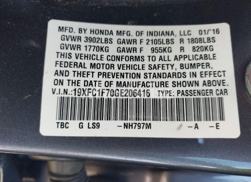 Photo 9 of 2016 Honda Civic EX-L (VIN 19XFC1F70GE206416)