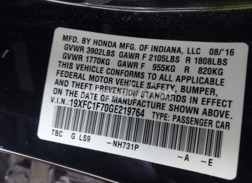 Photo 9 of 2016 Honda Civic EX-L (VIN 19XFC1F70GE219764)