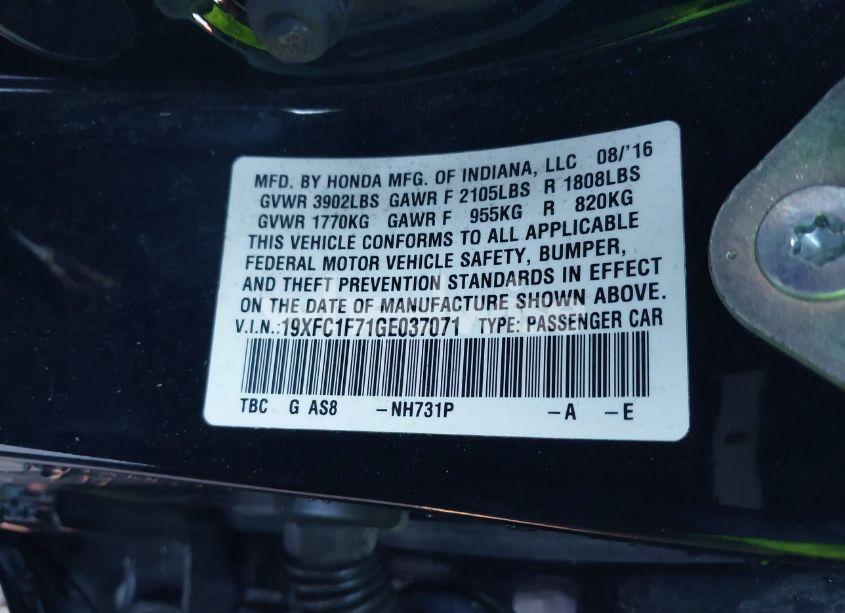 Photo 9 of 2016 Honda Civic EX-L (VIN 19XFC1F71GE037071)