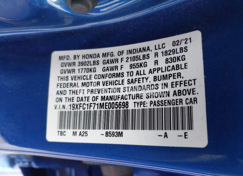 Photo 9 of 2021 Honda Civic EX-L (VIN 19XFC1F71ME005698)