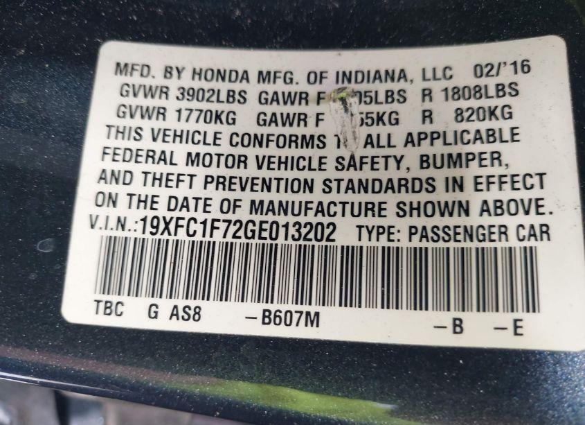 Photo 9 of 2016 Honda Civic EX-L (VIN 19XFC1F72GE013202)