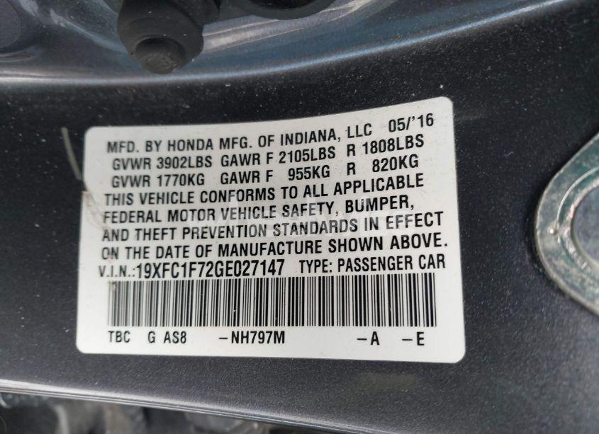 Photo 9 of 2016 Honda Civic EX-L (VIN 19XFC1F72GE027147)