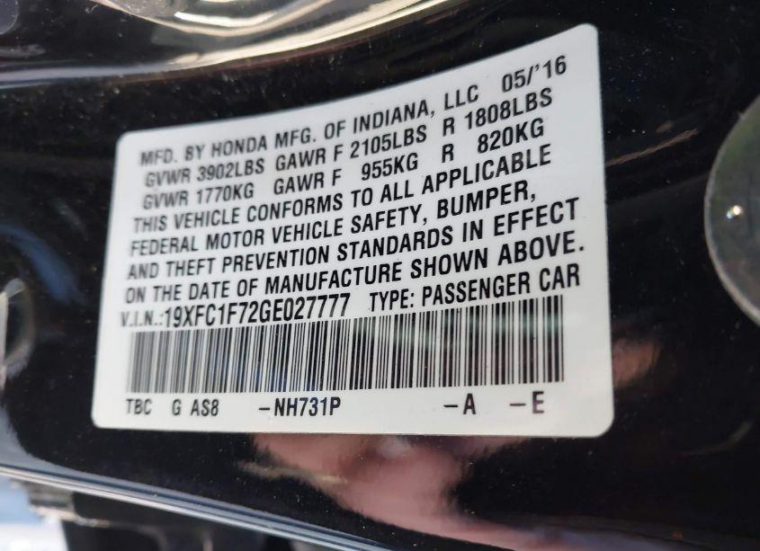 Photo 9 of 2016 Honda Civic EX-L (VIN 19XFC1F72GE027777)