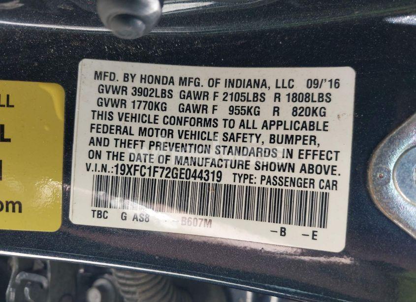 Photo 9 of 2016 Honda Civic EX-L (VIN 19XFC1F72GE044319)