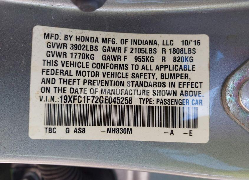 Photo 9 of 2016 Honda Civic EX-L (VIN 19XFC1F72GE045258)