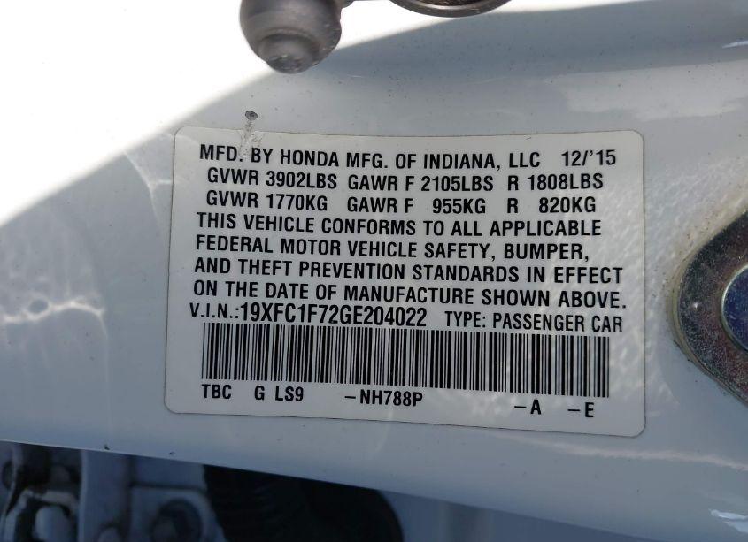 Photo 9 of 2016 Honda Civic EX-L (VIN 19XFC1F72GE204022)