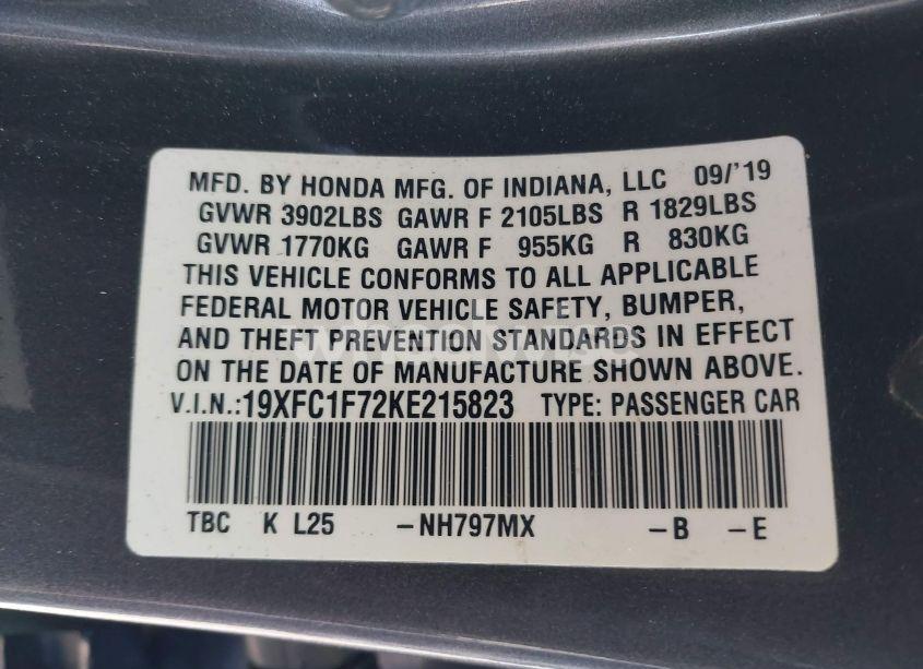 Photo 9 of 2019 Honda Civic EX-L (VIN 19XFC1F72KE215823)
