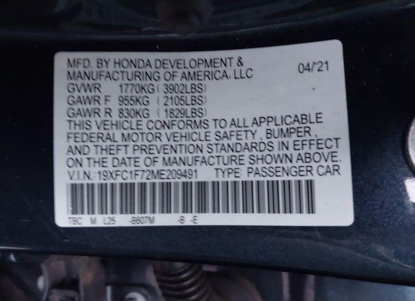 Photo 9 of 2021 Honda Civic EX-L (VIN 19XFC1F72ME209491)