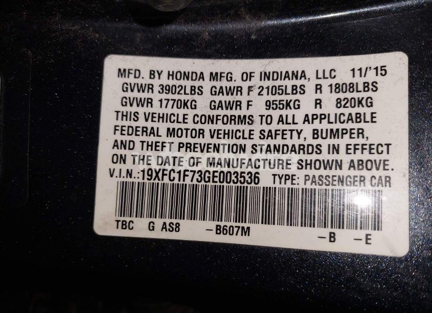 Photo 9 of 2016 Honda Civic EX-L (VIN 19XFC1F73GE003536)