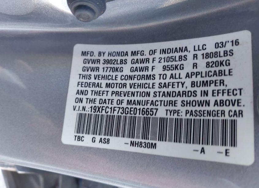 Photo 9 of 2016 Honda Civic EX-L (VIN 19XFC1F73GE016657)