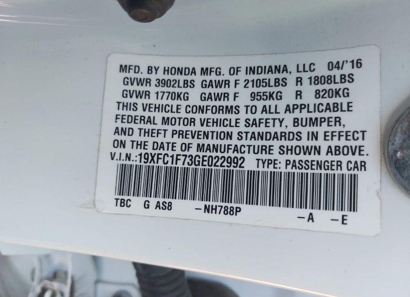 Photo 9 of 2016 Honda Civic EX-L (VIN 19XFC1F73GE022992)