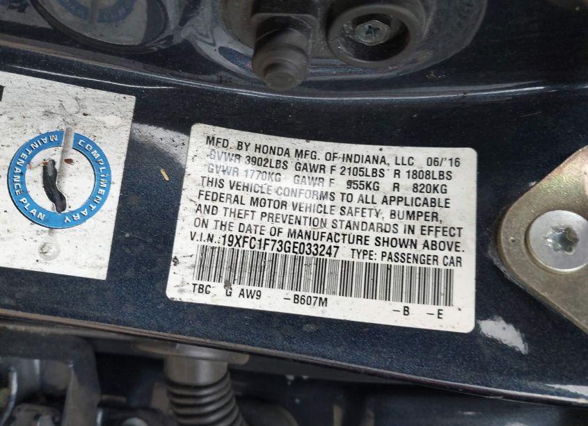 Photo 9 of 2016 Honda Civic EX-L (VIN 19XFC1F73GE033247)