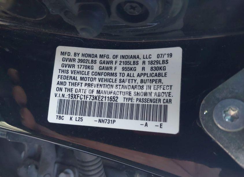 Photo 9 of 2019 Honda Civic EX-L (VIN 19XFC1F73KE211652)