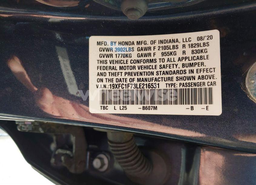 Photo 9 of 2020 Honda Civic EX-L (VIN 19XFC1F73LE216531)