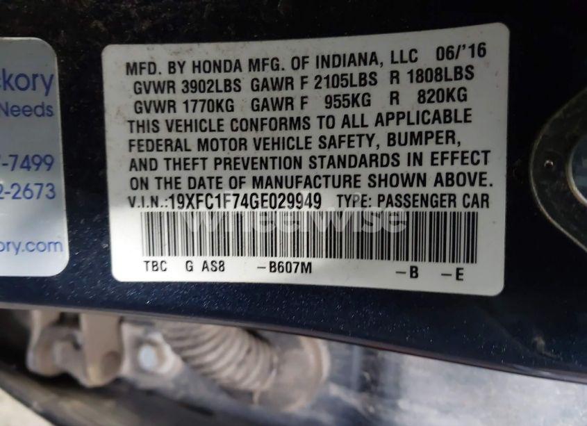 Photo 9 of 2016 Honda Civic EX-L (VIN 19XFC1F74GE029949)