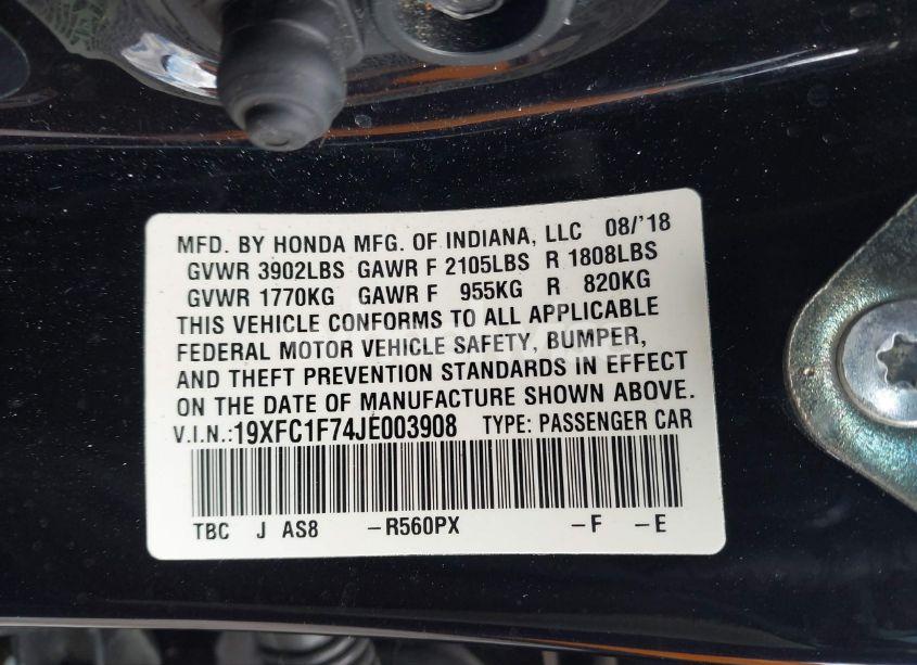 Photo 9 of 2018 Honda Civic EX-L (VIN 19XFC1F74JE003908)