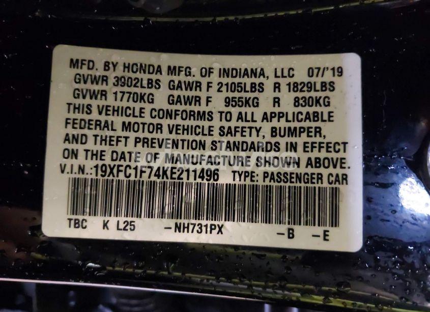 Photo 9 of 2019 Honda Civic EX-L (VIN 19XFC1F74KE211496)