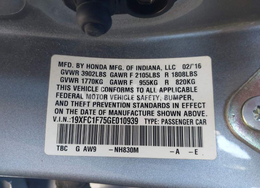 Photo 9 of 2016 Honda Civic EX-L (VIN 19XFC1F75GE010939)