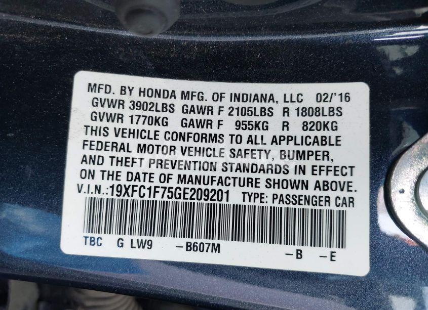 Photo 9 of 2016 Honda Civic EX-L (VIN 19XFC1F75GE209201)