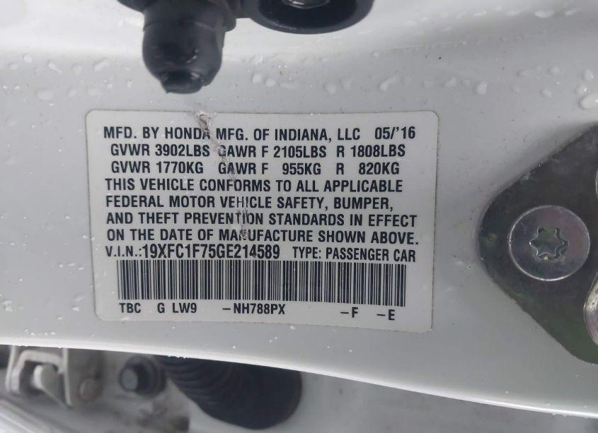 Photo 9 of 2016 Honda Civic EX-L (VIN 19XFC1F75GE214589)