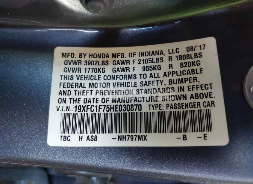 Photo 9 of 2017 Honda Civic EX-L (VIN 19XFC1F75HE030870)