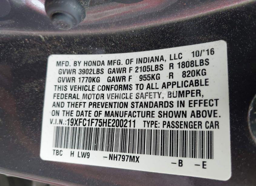 Photo 9 of 2017 Honda Civic EX-L (VIN 19XFC1F75HE200211)