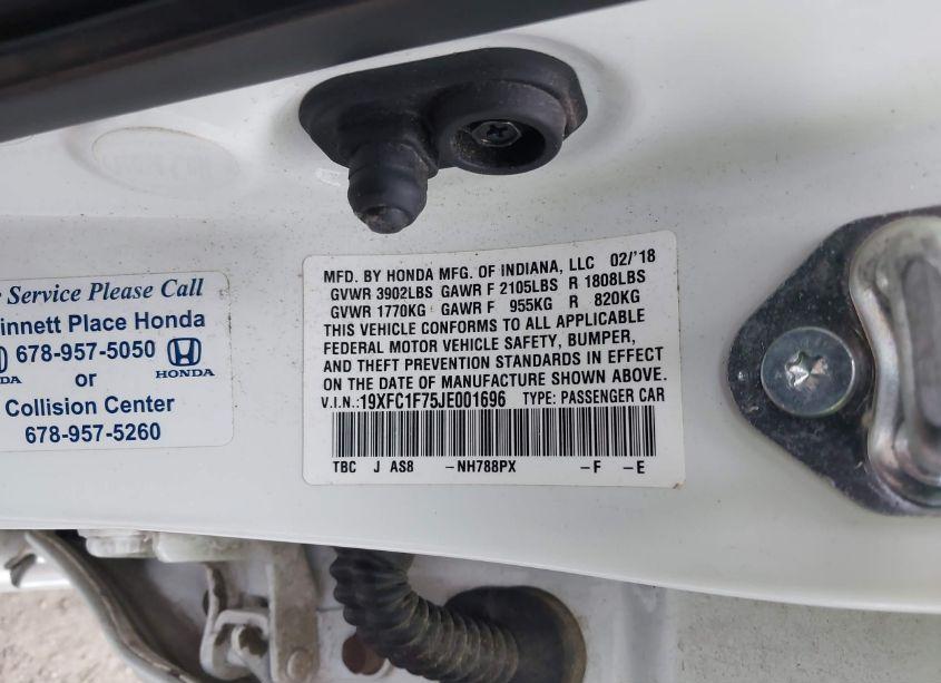 Photo 9 of 2018 Honda Civic EX-L (VIN 19XFC1F75JE001696)