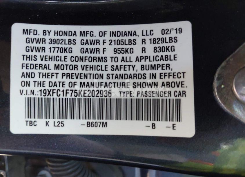 Photo 9 of 2019 Honda Civic EX-L (VIN 19XFC1F75KE202936)