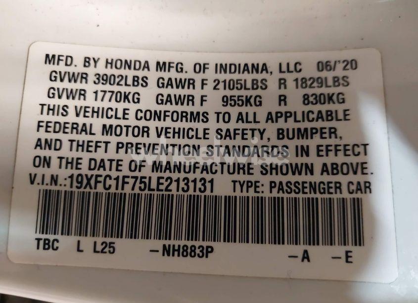 Photo 9 of 2020 Honda Civic EX-L (VIN 19XFC1F75LE213131)