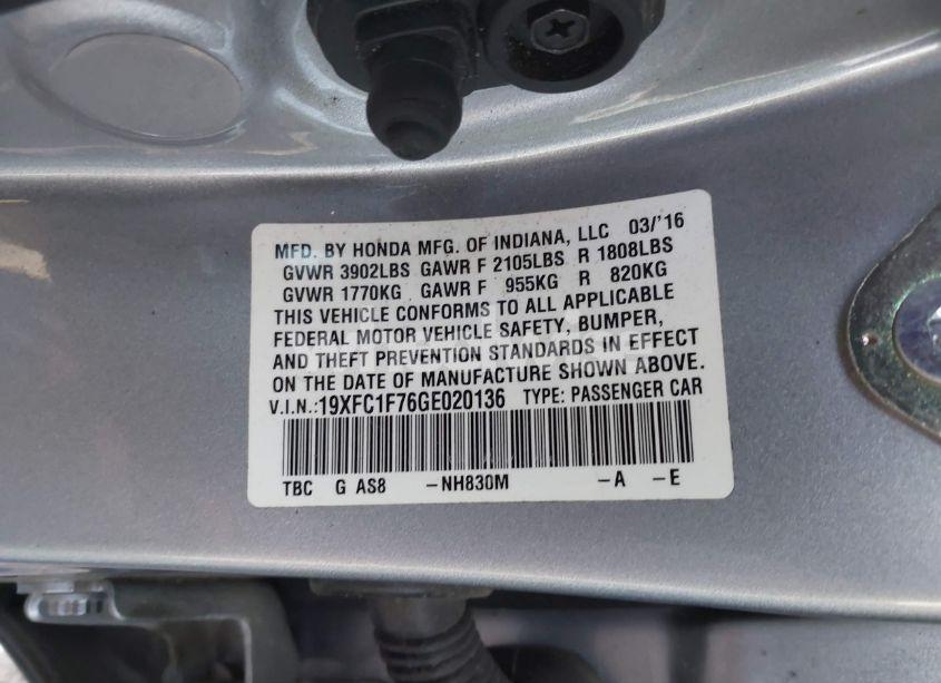 Photo 9 of 2016 Honda Civic EX-L (VIN 19XFC1F76GE020136)