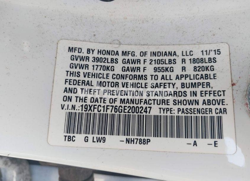 Photo 9 of 2016 Honda Civic EX-L (VIN 19XFC1F76GE200247)