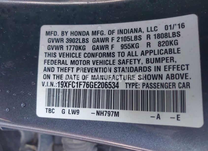 Photo 9 of 2016 Honda Civic EX-L (VIN 19XFC1F76GE206534)