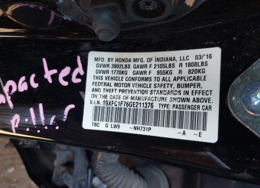 Photo 9 of 2016 Honda Civic EX-L (VIN 19XFC1F76GE211376)