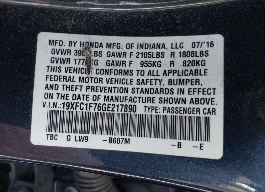 Photo 9 of 2016 Honda Civic EX-L (VIN 19XFC1F76GE217890)