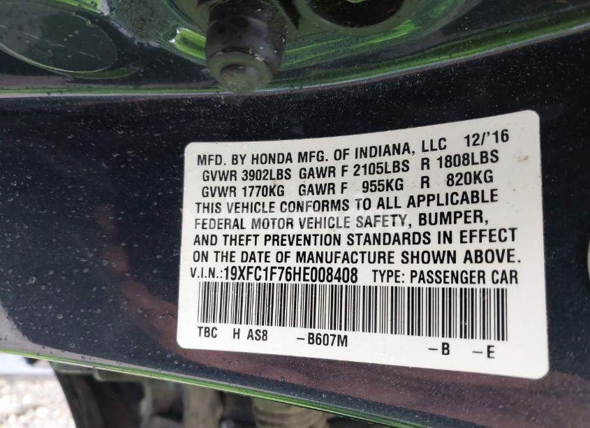 Photo 9 of 2017 Honda Civic EX-L (VIN 19XFC1F76HE008408)