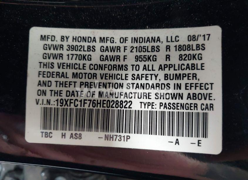 Photo 9 of 2017 Honda Civic EX-L (VIN 19XFC1F76HE028822)