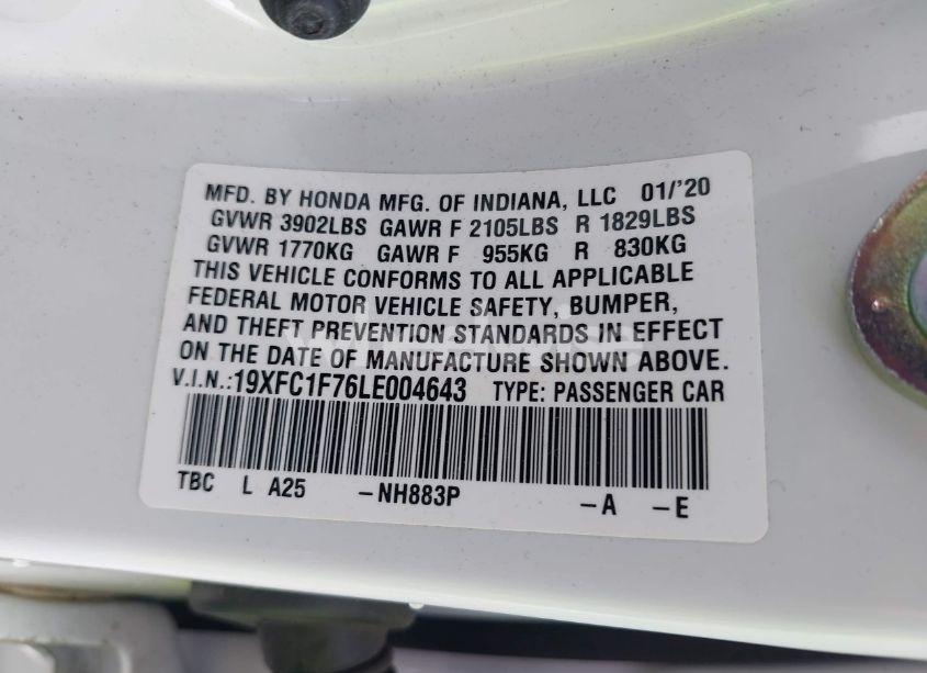 Photo 9 of 2020 Honda Civic EX-L (VIN 19XFC1F76LE004643)